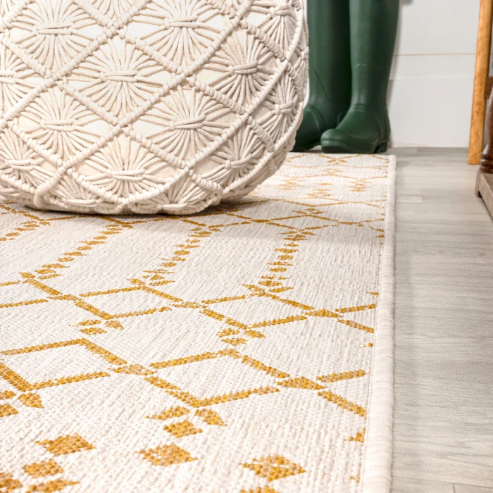 Ourika Moroccan Geometric Textured Weave Cream/Yellow 5' Square Indoor/Outdoor Area Rug