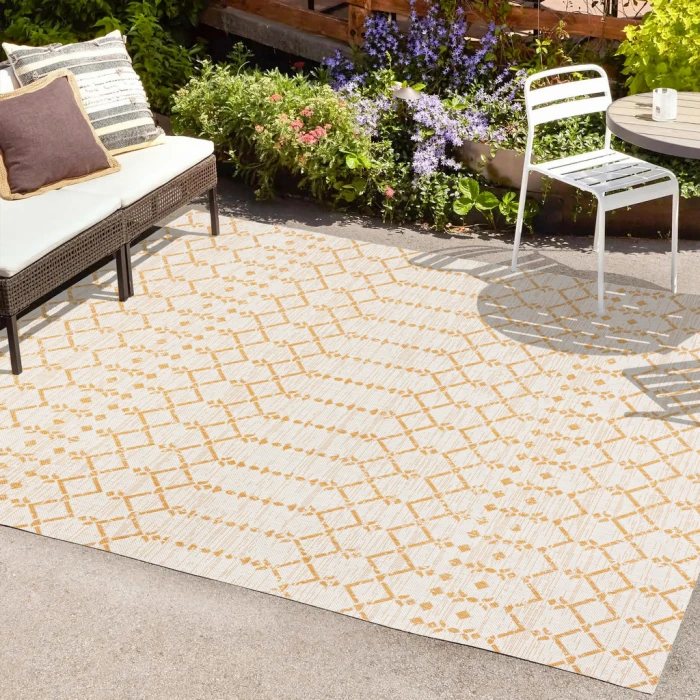 Ourika Moroccan Geometric Textured Weave Cream/Yellow 8 ft. x 10 ft. Indoor/Outdoor Area Rug