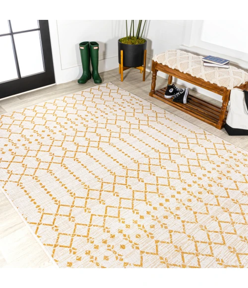 Ourika Moroccan Geometric Textured Weave Cream/Yellow 3 ft. x 5 ft. Indoor/Outdoor Area Rug
