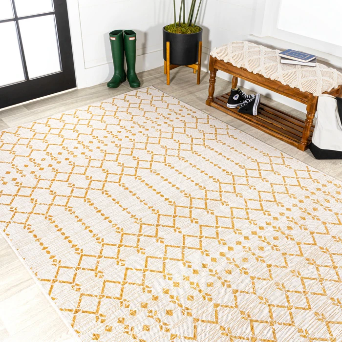Ourika Moroccan Geometric Textured Weave Cream/Yellow 8 ft. x 10 ft. Indoor/Outdoor Area Rug