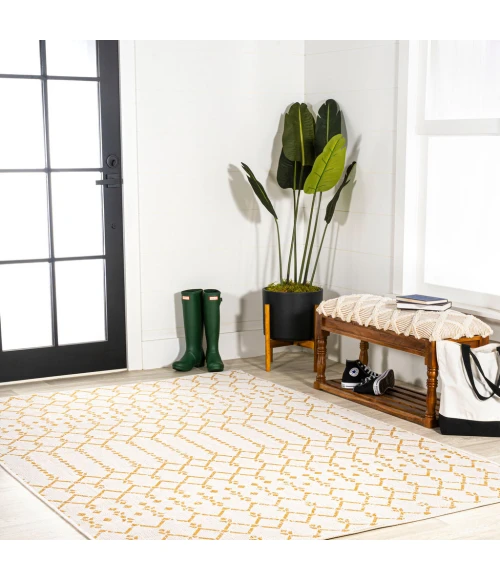 Ourika Moroccan Geometric Textured Weave Cream/Yellow 3 ft. x 5 ft. Indoor/Outdoor Area Rug