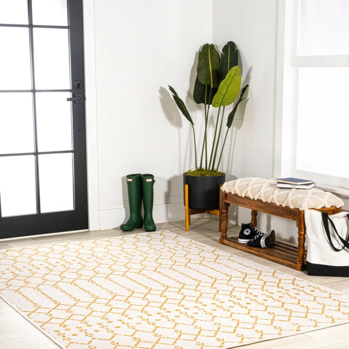 Ourika Moroccan Geometric Textured Weave Cream/Yellow 8 ft. x 10 ft. Indoor/Outdoor Area Rug