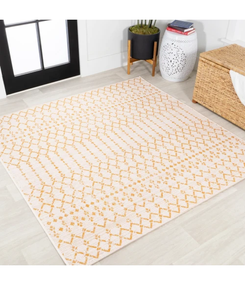 Ourika Moroccan Geometric Textured Weave Cream/Yellow 5' Square Indoor/Outdoor Area Rug