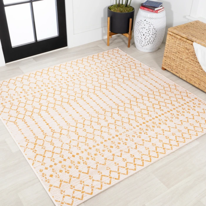 Ourika Moroccan Geometric Textured Weave Cream/Yellow 5' Square Indoor/Outdoor Area Rug