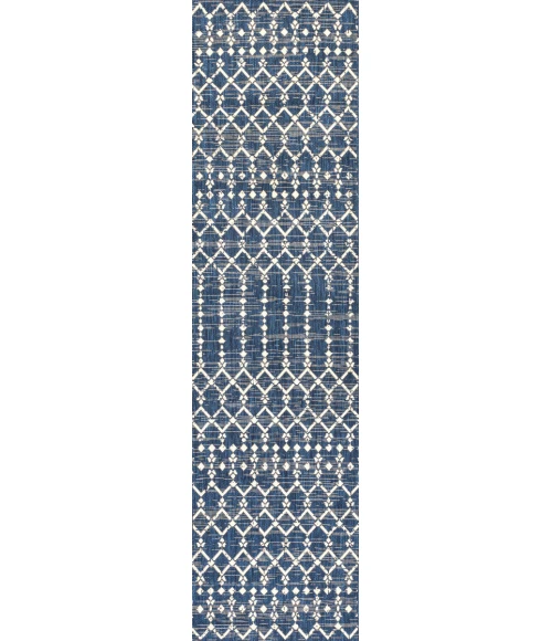 Ourika Moroccan Geometric Textured Weave Navy/Beige 2 ft. x 8 ft. Indoor/Outdoor Runner Rug