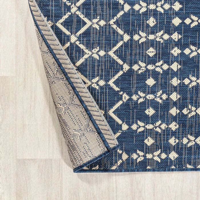 Ourika Moroccan Geometric Textured Weave Navy/Beige 5' Square Indoor/Outdoor Area Rug