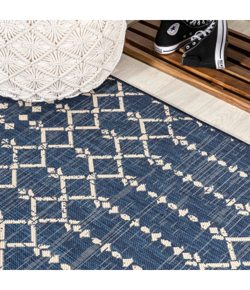 Ourika Moroccan Geometric Textured Weave Navy/Beige 5' Square Indoor/Outdoor Area Rug