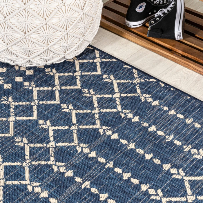 Ourika Moroccan Geometric Textured Weave Navy/Beige 5' Square Indoor/Outdoor Area Rug