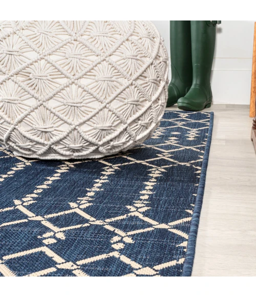 Ourika Moroccan Geometric Textured Weave Navy/Beige 5' Square Indoor/Outdoor Area Rug