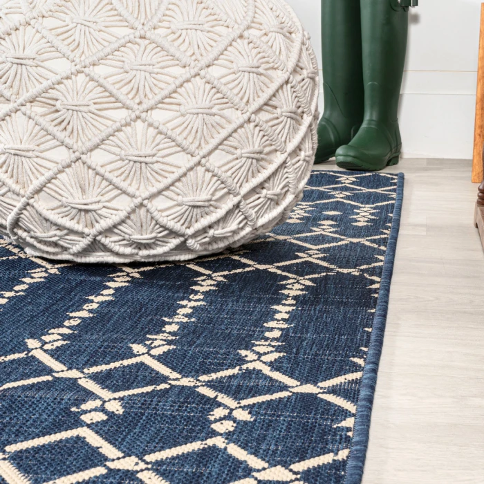Ourika Moroccan Geometric Textured Weave Navy/Beige 5' Square Indoor/Outdoor Area Rug