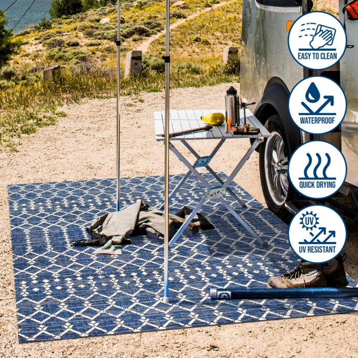 Ourika Moroccan Geometric Textured Weave Navy/Beige 5' Square Indoor/Outdoor Area Rug