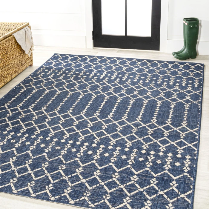 Ourika Moroccan Geometric Textured Weave Navy/Beige 5 ft. x 8 ft. Indoor/Outdoor Area Rug