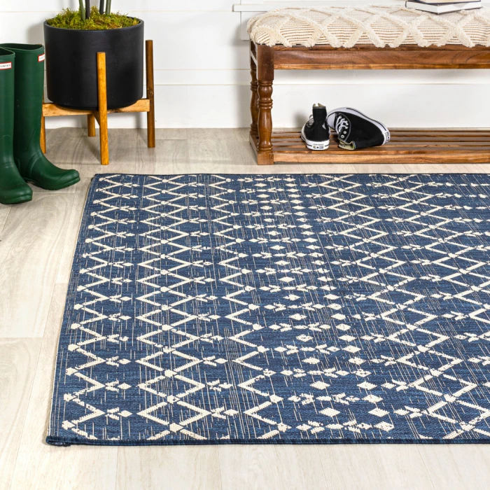 Ourika Moroccan Geometric Textured Weave Navy/Beige 5 ft. x 8 ft. Indoor/Outdoor Area Rug