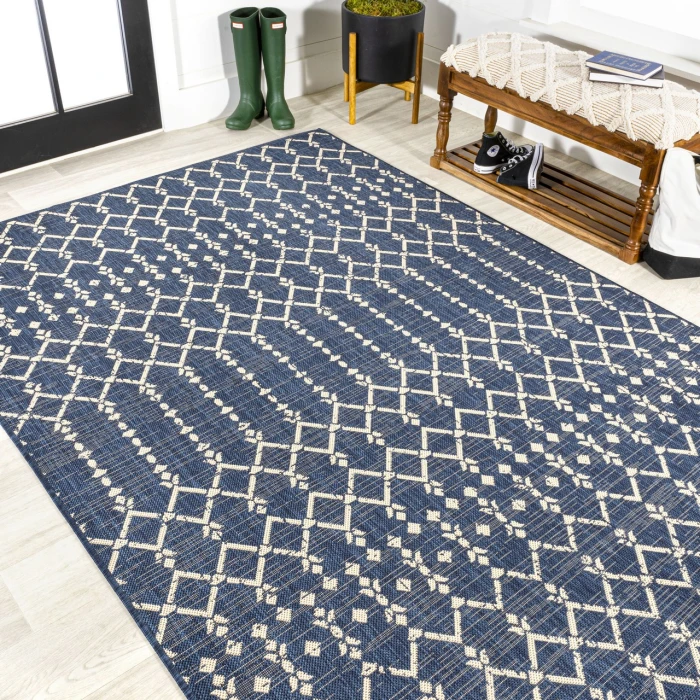 Ourika Moroccan Geometric Textured Weave Navy/Beige 5 ft. x 8 ft. Indoor/Outdoor Area Rug