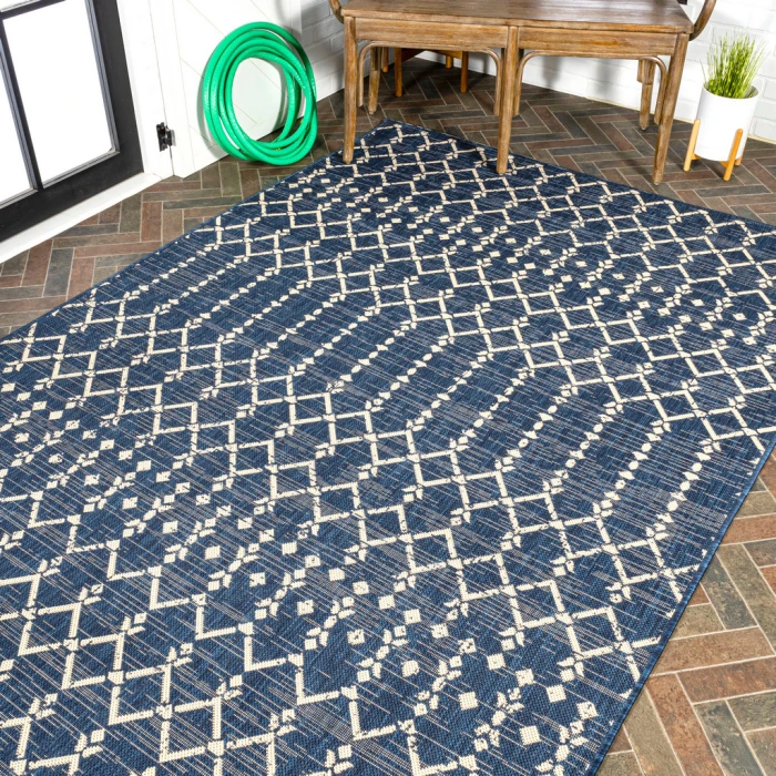 Ourika Moroccan Geometric Textured Weave Navy/Beige 5 ft. x 8 ft. Indoor/Outdoor Area Rug