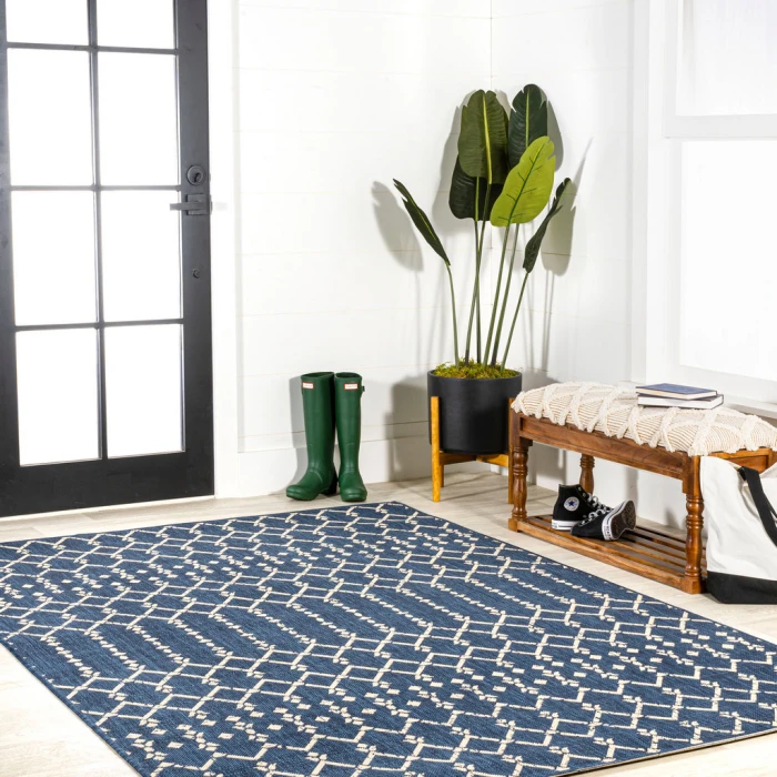 Ourika Moroccan Geometric Textured Weave Navy/Beige 5 ft. x 8 ft. Indoor/Outdoor Area Rug