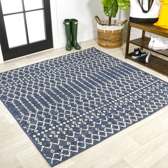 Ourika Moroccan Geometric Textured Weave Navy/Beige 5' Square Indoor/Outdoor Area Rug
