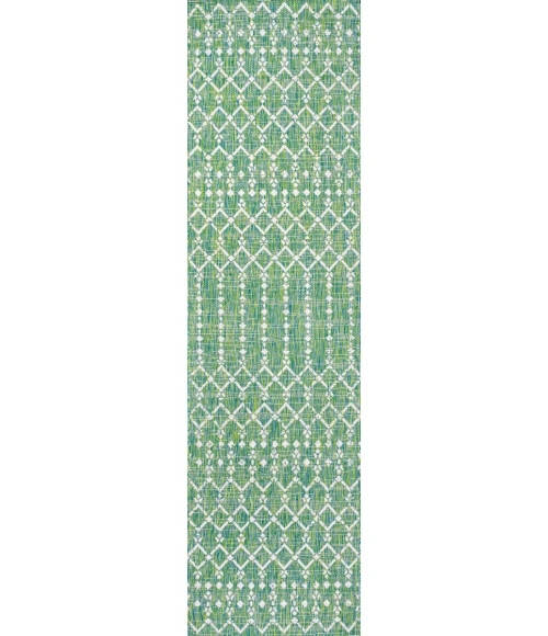 Ourika Moroccan Geometric Textured Weave Ivory/Green 2 ft. x 8 ft. Indoor/Outdoor Runner Rug
