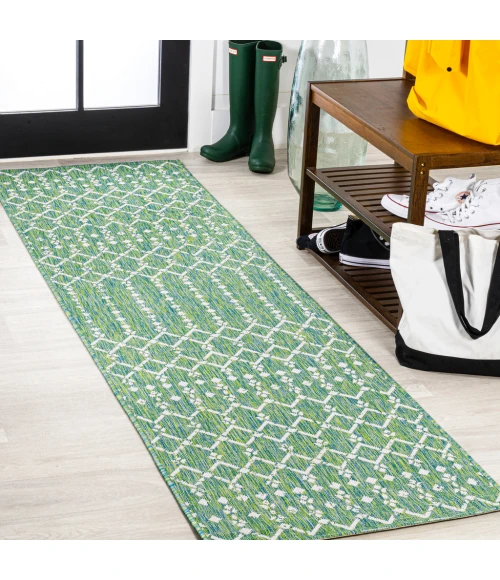 Ourika Moroccan Geometric Textured Weave Ivory/Green 2 ft. x 8 ft. Indoor/Outdoor Runner Rug
