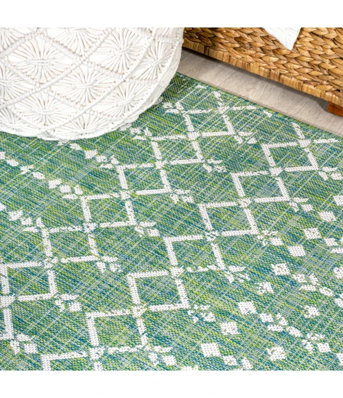 Ourika Moroccan Geometric Textured Weave Ivory/Green 5' Square Indoor/Outdoor Area Rug