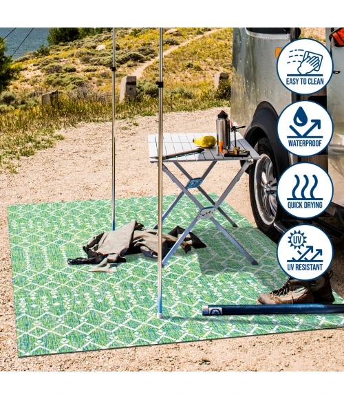 Ourika Moroccan Geometric Textured Weave Ivory/Green 5' Square Indoor/Outdoor Area Rug