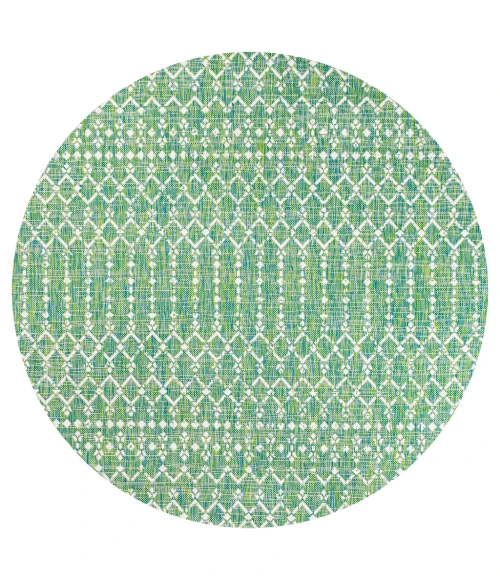 Ourika Moroccan Geometric Textured Weave Ivory/Green 5' Round Indoor/Outdoor Area Rug