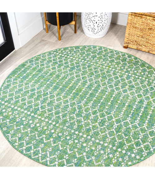 Ourika Moroccan Geometric Textured Weave Ivory/Green 5' Round Indoor/Outdoor Area Rug