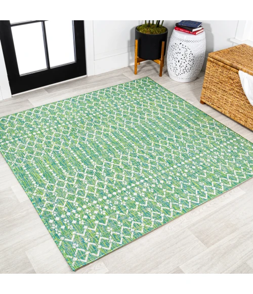 Ourika Moroccan Geometric Textured Weave Ivory/Green 5' Square Indoor/Outdoor Area Rug