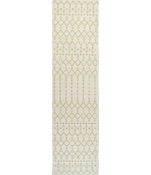 Ourika Moroccan Geometric Textured Weave Cream/Green 2 ft. x 10 ft. Indoor/Outdoor Runner Rug