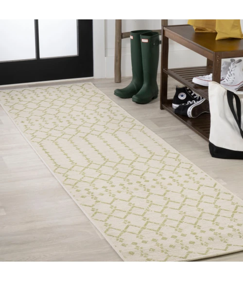 Ourika Moroccan Geometric Textured Weave Cream/Green 2 ft. x 10 ft. Indoor/Outdoor Runner Rug