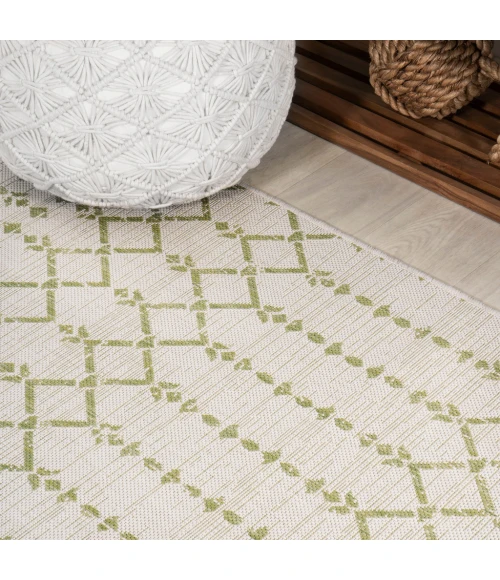 Ourika Moroccan Geometric Textured Weave Cream/Green 2 ft. x 10 ft. Indoor/Outdoor Runner Rug