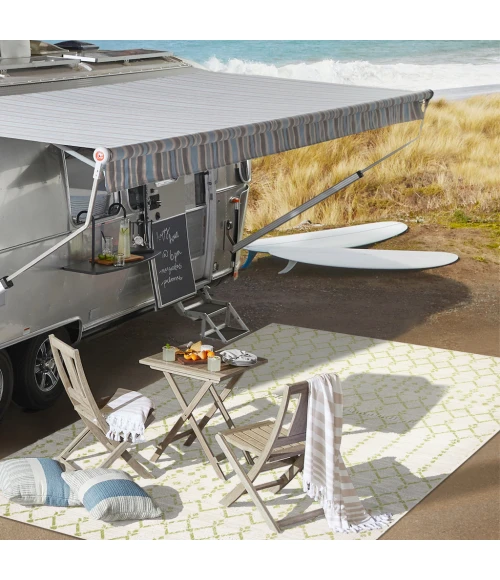 Ourika Moroccan Geometric Textured Weave Cream/Green 2 ft. x 10 ft. Indoor/Outdoor Runner Rug