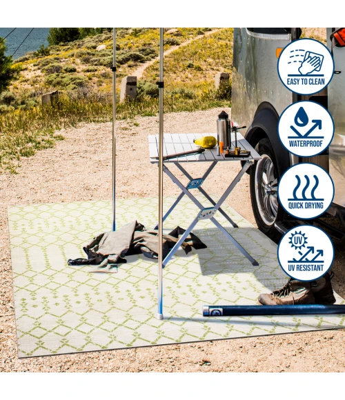 Ourika Moroccan Geometric Textured Weave Cream/Green 2 ft. x 10 ft. Indoor/Outdoor Runner Rug