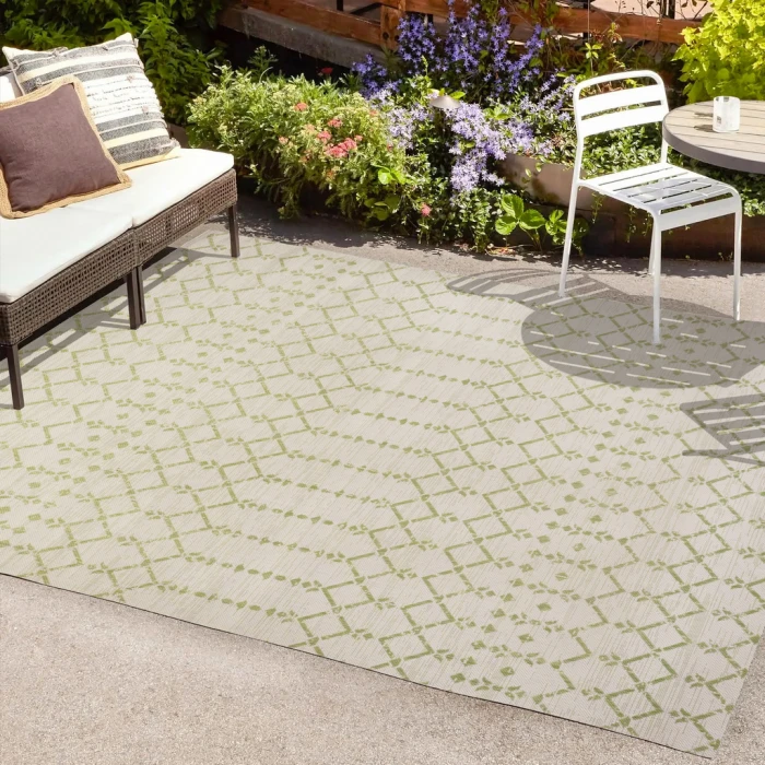 Ourika Moroccan Geometric Textured Weave Cream/Green 4 ft. x 6 ft. Indoor/Outdoor Area Rug