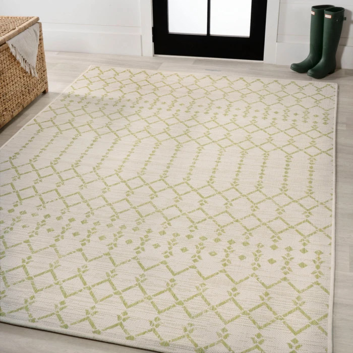 Ourika Moroccan Geometric Textured Weave Cream/Green 4 ft. x 6 ft. Indoor/Outdoor Area Rug