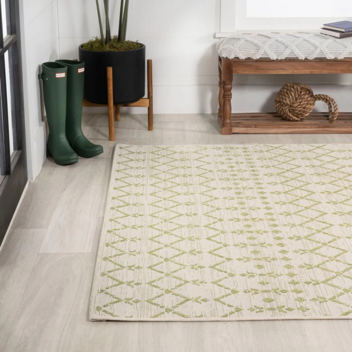Ourika Moroccan Geometric Textured Weave Cream/Green 4 ft. x 6 ft. Indoor/Outdoor Area Rug