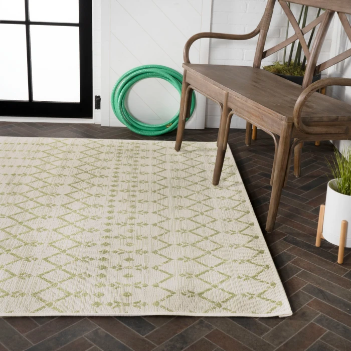 Ourika Moroccan Geometric Textured Weave Cream/Green 4 ft. x 6 ft. Indoor/Outdoor Area Rug