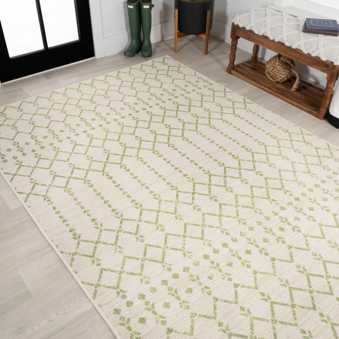 Ourika Moroccan Geometric Textured Weave Cream/Green 4 ft. x 6 ft. Indoor/Outdoor Area Rug