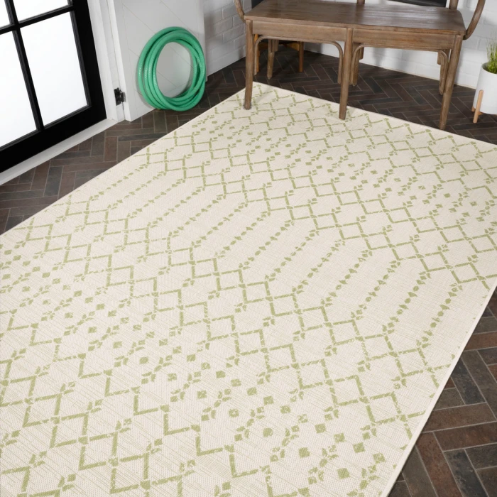 Ourika Moroccan Geometric Textured Weave Cream/Green 4 ft. x 6 ft. Indoor/Outdoor Area Rug