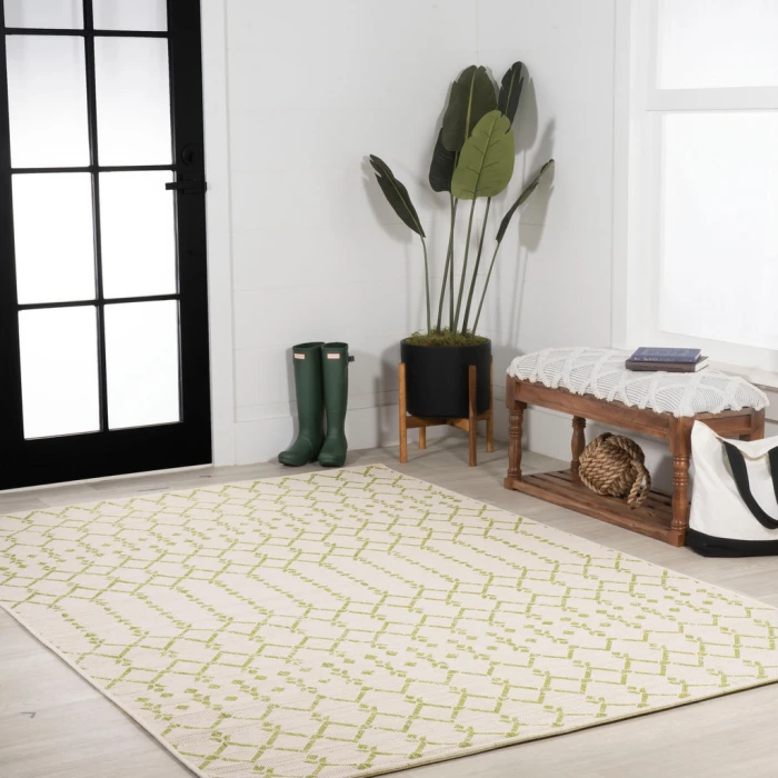 Ourika Moroccan Geometric Textured Weave Cream/Green 4 ft. x 6 ft. Indoor/Outdoor Area Rug