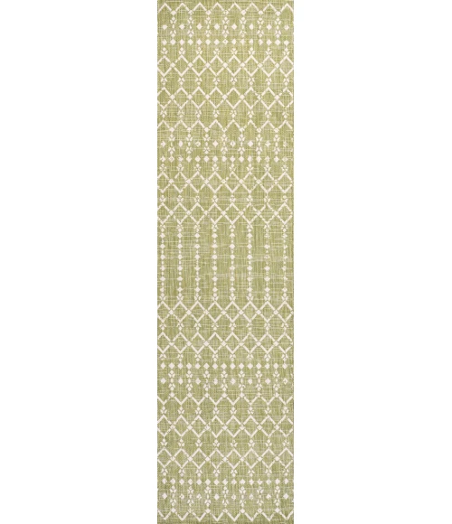 Ourika Moroccan Geometric Textured Weave Light Green/Cream 2 ft. x 10 ft. Indoor/Outdoor Runner Rug