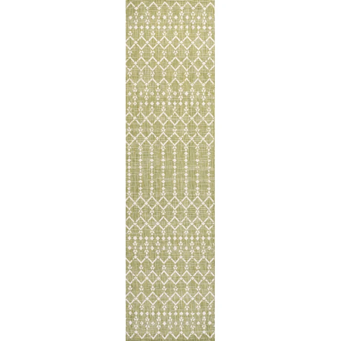 Ourika Moroccan Geometric Textured Weave Light Green/Cream 2 ft. x 8 ft. Indoor/Outdoor Runner Rug