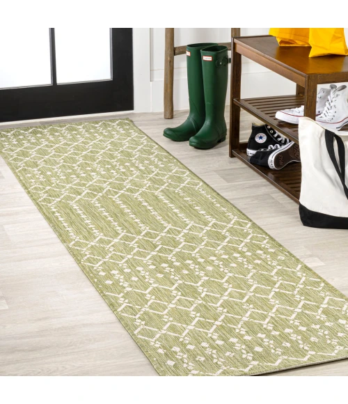Ourika Moroccan Geometric Textured Weave Light Green/Cream 2 ft. x 10 ft. Indoor/Outdoor Runner Rug