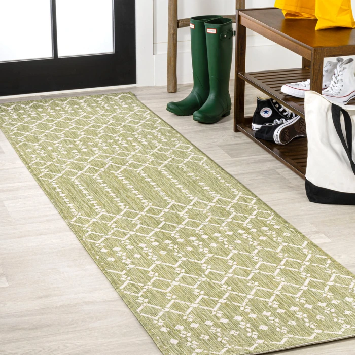 Ourika Moroccan Geometric Textured Weave Light Green/Cream 2 ft. x 8 ft. Indoor/Outdoor Runner Rug