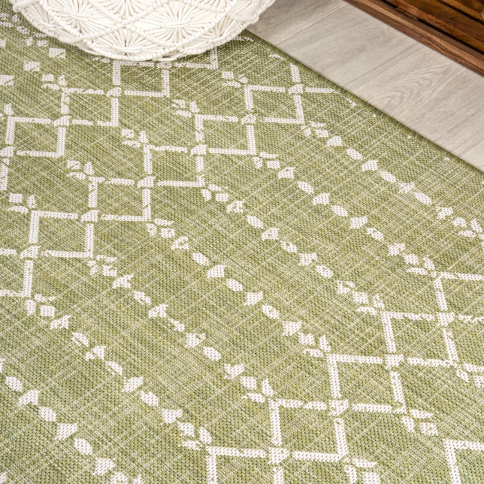 Ourika Moroccan Geometric Textured Weave Light Green/Cream 2 ft. x 8 ft. Indoor/Outdoor Runner Rug