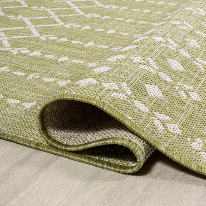 Ourika Moroccan Geometric Textured Weave Light Green/Cream 2 ft. x 8 ft. Indoor/Outdoor Runner Rug