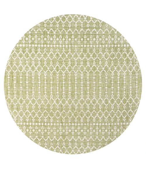 Ourika Moroccan Geometric Textured Weave Light Green/Cream 5' Round Indoor/Outdoor Area Rug