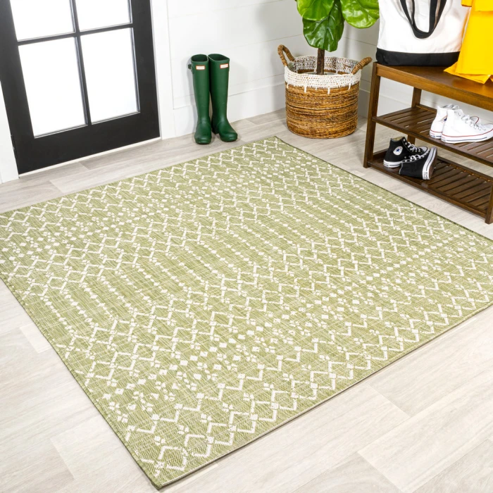 Ourika Moroccan Geometric Textured Weave Light Green/Cream 5' Square Indoor/Outdoor Area Rug