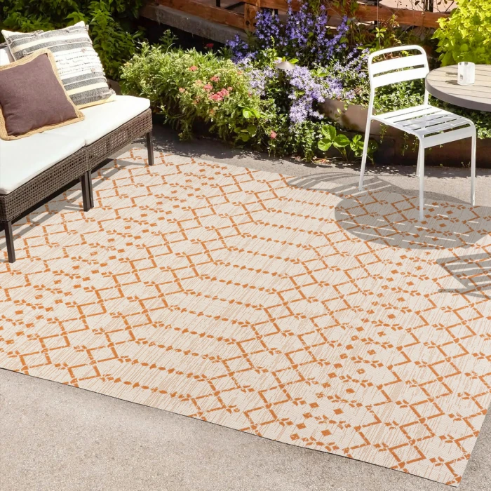 Ourika Moroccan Geometric Textured Weave Cream/Orange 9 ft. x 12 ft. Indoor/Outdoor Area Rug