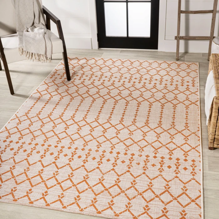 Ourika Moroccan Geometric Textured Weave Cream/Orange 9 ft. x 12 ft. Indoor/Outdoor Area Rug